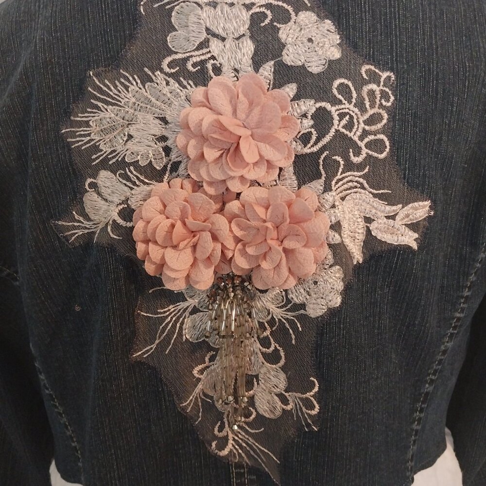 3286 Size Large Jean Tunic Jacket with White Bottom Accent and Lace Accent Back. - Picture 8 of 14